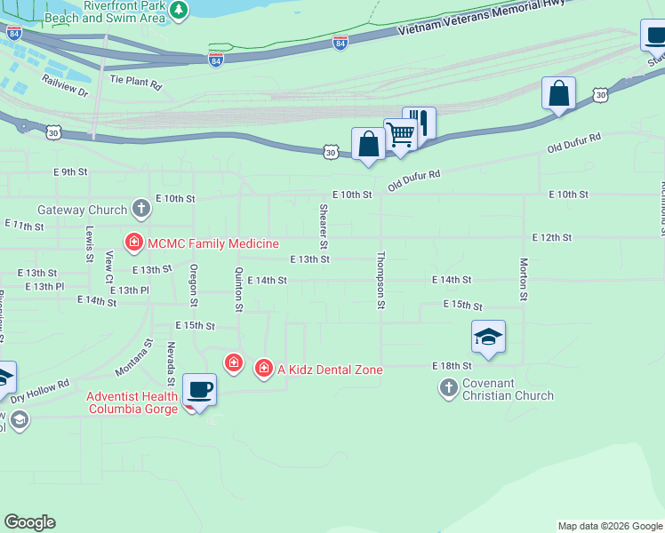map of restaurants, bars, coffee shops, grocery stores, and more near 2206 East 13th Street in The Dalles
