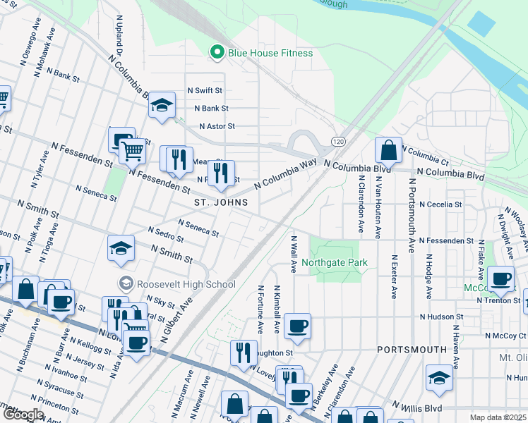 map of restaurants, bars, coffee shops, grocery stores, and more near 6285 North Fessenden Street in Portland