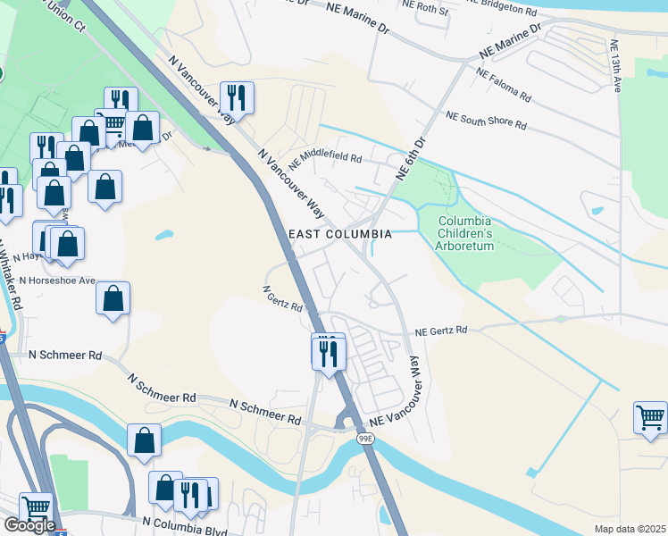 map of restaurants, bars, coffee shops, grocery stores, and more near 9525 Northeast Gertz Circle in Portland
