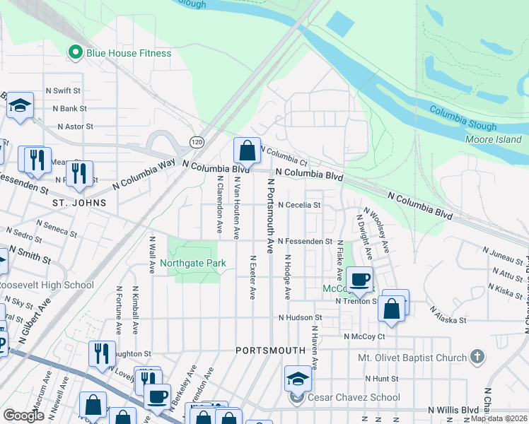map of restaurants, bars, coffee shops, grocery stores, and more near 9630 North Portsmouth Avenue in Portland