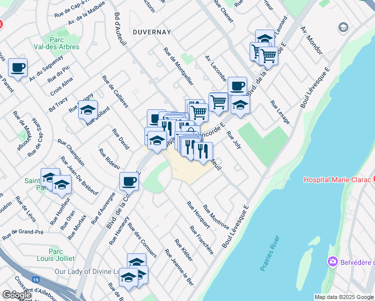 map of restaurants, bars, coffee shops, grocery stores, and more near 3200 Boulevard de la Concorde Est in Laval