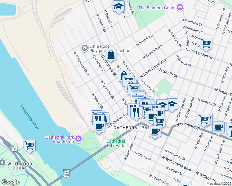 map of restaurants, bars, coffee shops, grocery stores, and more near 7229 North Saint Louis Avenue in Portland