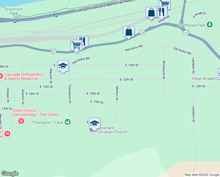 map of restaurants, bars, coffee shops, grocery stores, and more near 2605 East 14th Street in The Dalles