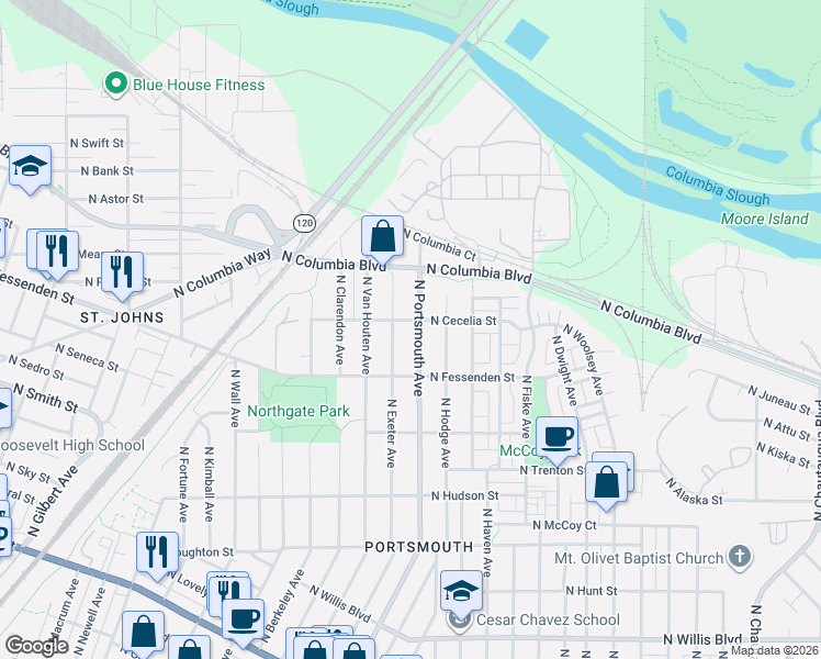 map of restaurants, bars, coffee shops, grocery stores, and more near 9630 North Portsmouth Avenue in Portland