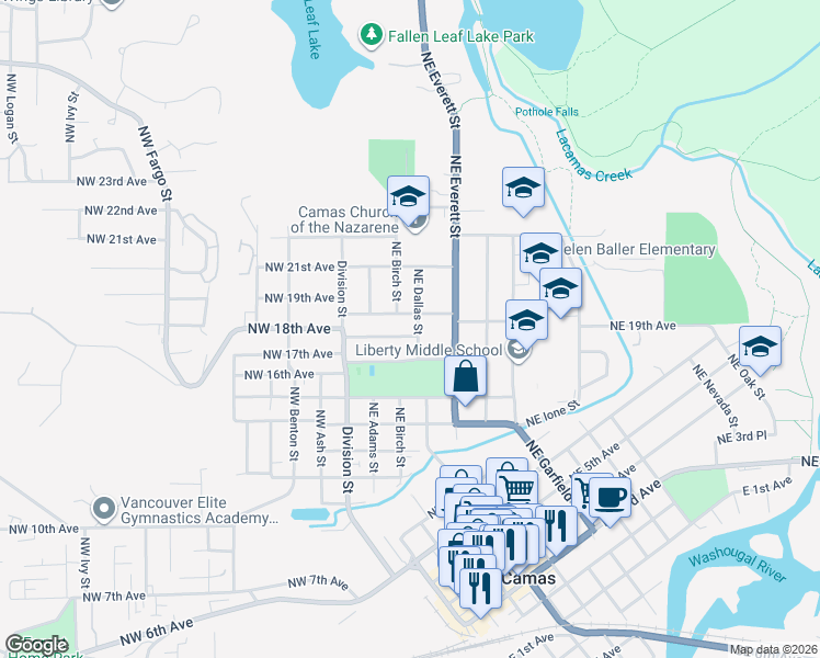 map of restaurants, bars, coffee shops, grocery stores, and more near 1811 Northeast Dallas Street in Camas