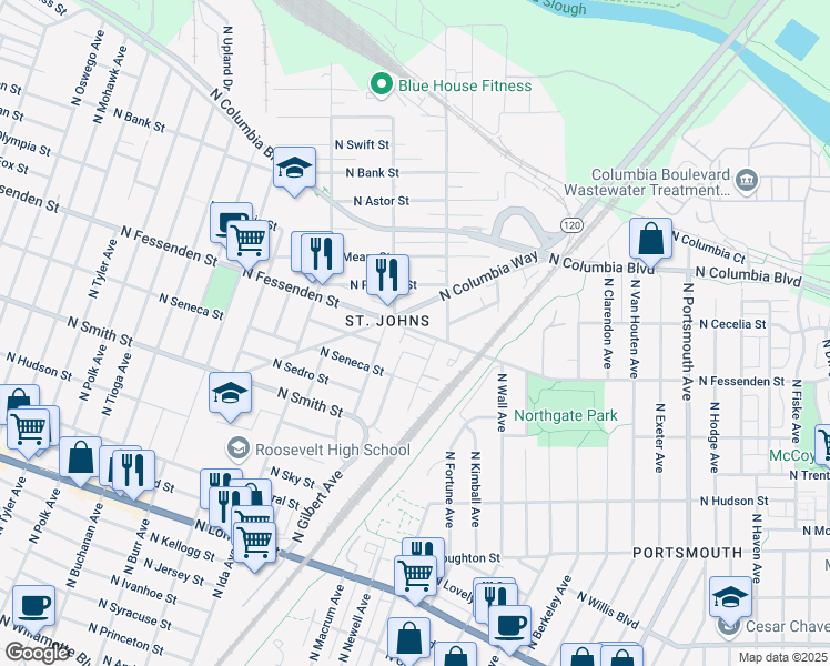 map of restaurants, bars, coffee shops, grocery stores, and more near 6724 North Fessenden Street in Portland