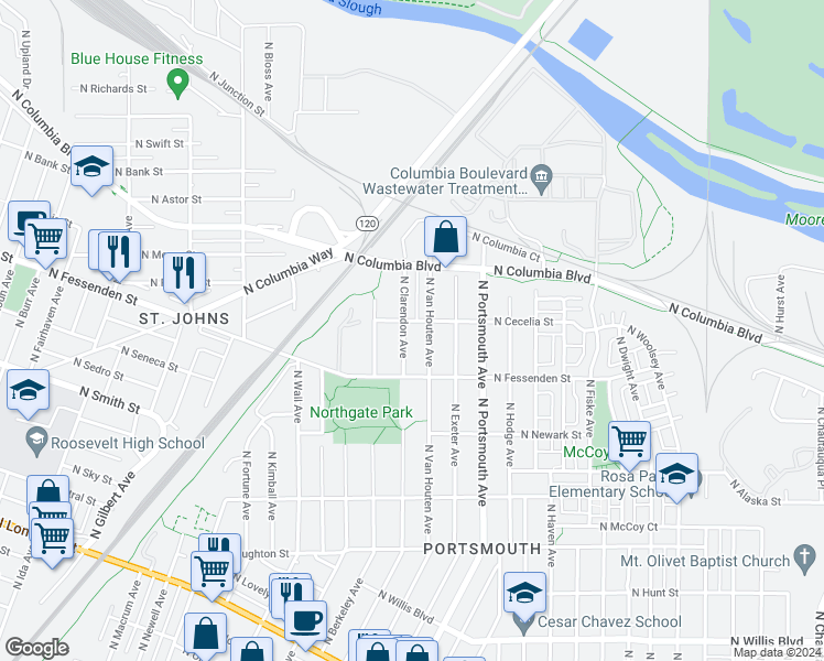 map of restaurants, bars, coffee shops, grocery stores, and more near 9632 North Clarendon Avenue in Portland