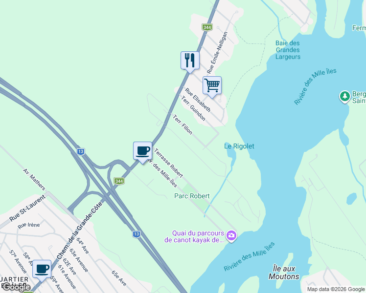 map of restaurants, bars, coffee shops, grocery stores, and more near 163 Rue Yvonne-Lacroix in Boisbriand