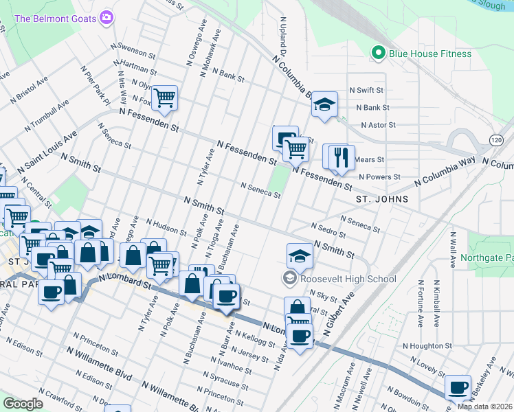 map of restaurants, bars, coffee shops, grocery stores, and more near 9241 North Calhoun Avenue in Portland