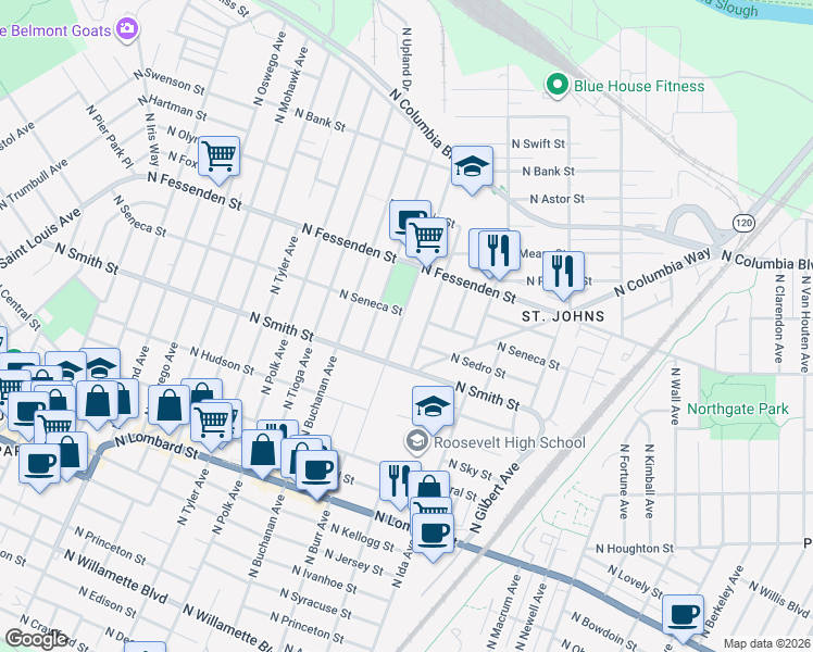 map of restaurants, bars, coffee shops, grocery stores, and more near 9324 North Burr Avenue in Portland
