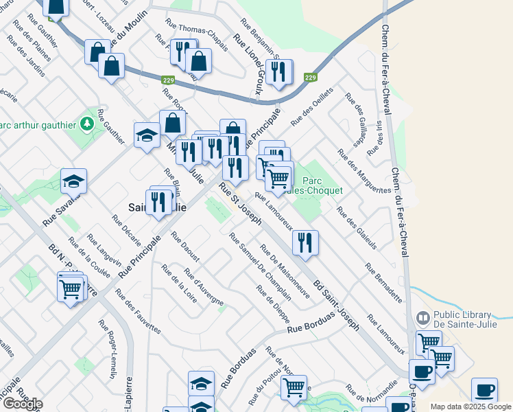 map of restaurants, bars, coffee shops, grocery stores, and more near 461 Boulevard Saint-Joseph in Sainte-Julie