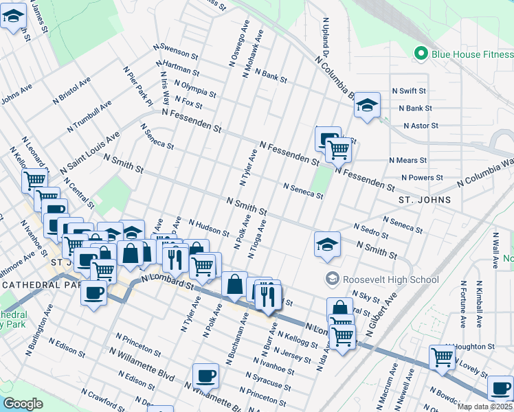 map of restaurants, bars, coffee shops, grocery stores, and more near 7635 North Smith Street in Portland
