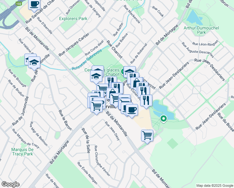map of restaurants, bars, coffee shops, grocery stores, and more near 554 Boulevard de Mortagne in Boucherville