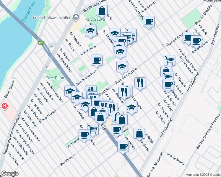 map of restaurants, bars, coffee shops, grocery stores, and more near 4354 Rue de Castille in Montréal