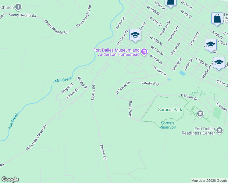 map of restaurants, bars, coffee shops, grocery stores, and more near 2114 Garrison Street in The Dalles