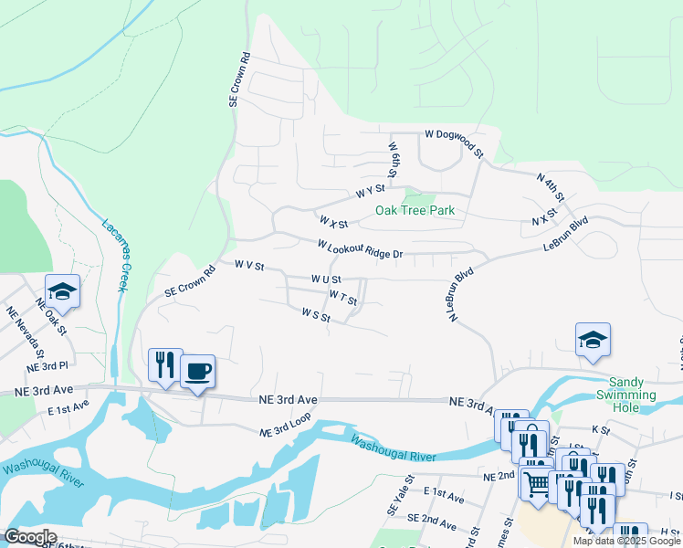 map of restaurants, bars, coffee shops, grocery stores, and more near 765 West U Street in Washougal