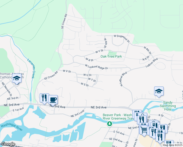 map of restaurants, bars, coffee shops, grocery stores, and more near 765 West U Street in Washougal
