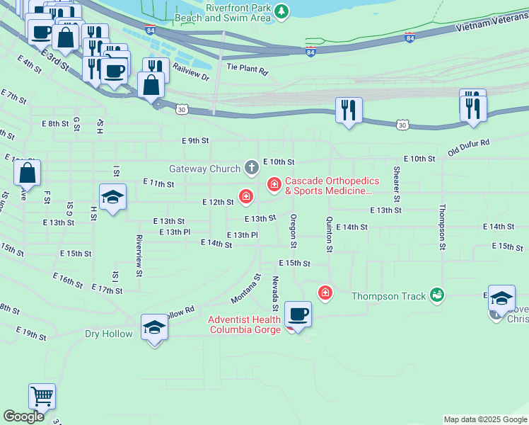 map of restaurants, bars, coffee shops, grocery stores, and more near 1629 East 13th Street in The Dalles