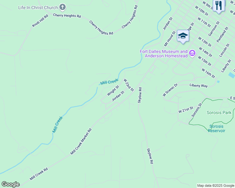 map of restaurants, bars, coffee shops, grocery stores, and more near 2511 Jordan Street in The Dalles