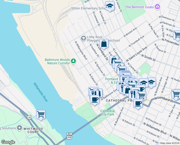 map of restaurants, bars, coffee shops, grocery stores, and more near 9235 North Edison Street in Portland