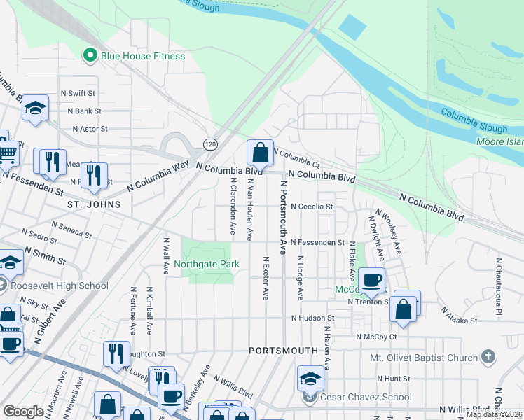 map of restaurants, bars, coffee shops, grocery stores, and more near 5406 North Cecelia Street in Portland