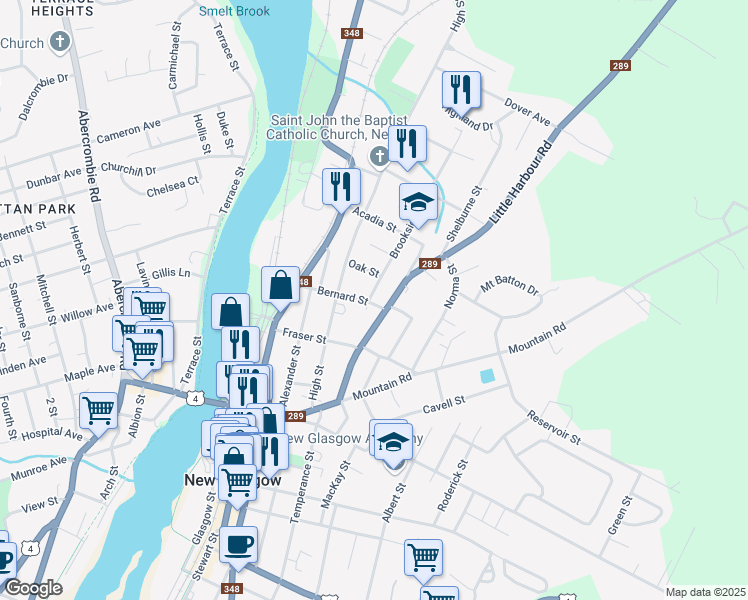 map of restaurants, bars, coffee shops, grocery stores, and more near 191 Brookside Avenue in New Glasgow