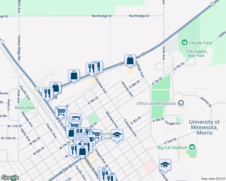 map of restaurants, bars, coffee shops, grocery stores, and more near 537 State Highway 9 in Morris
