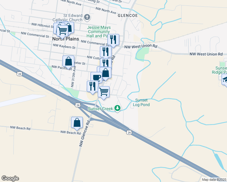 map of restaurants, bars, coffee shops, grocery stores, and more near 10040 Northwest Curtis Street in North Plains