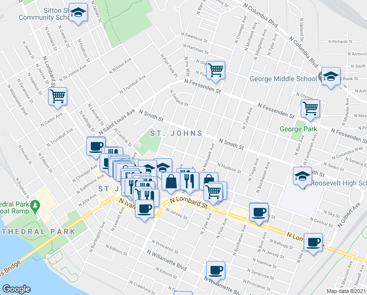 map of restaurants, bars, coffee shops, grocery stores, and more near 9021 North Richmond Avenue in Portland