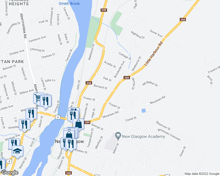 map of restaurants, bars, coffee shops, grocery stores, and more near 193 Brookside Avenue in New Glasgow
