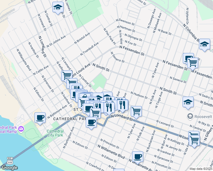 map of restaurants, bars, coffee shops, grocery stores, and more near 8580 North John Avenue in Portland