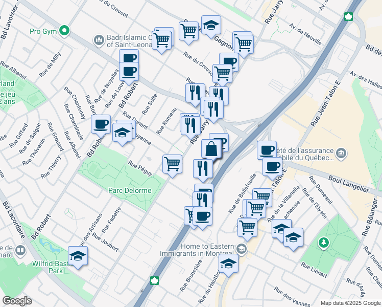 map of restaurants, bars, coffee shops, grocery stores, and more near 6260 Rue Jarry Est in Montreal