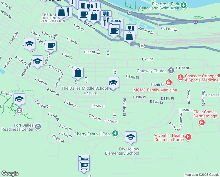 map of restaurants, bars, coffee shops, grocery stores, and more near 1100 East 12th Street in The Dalles