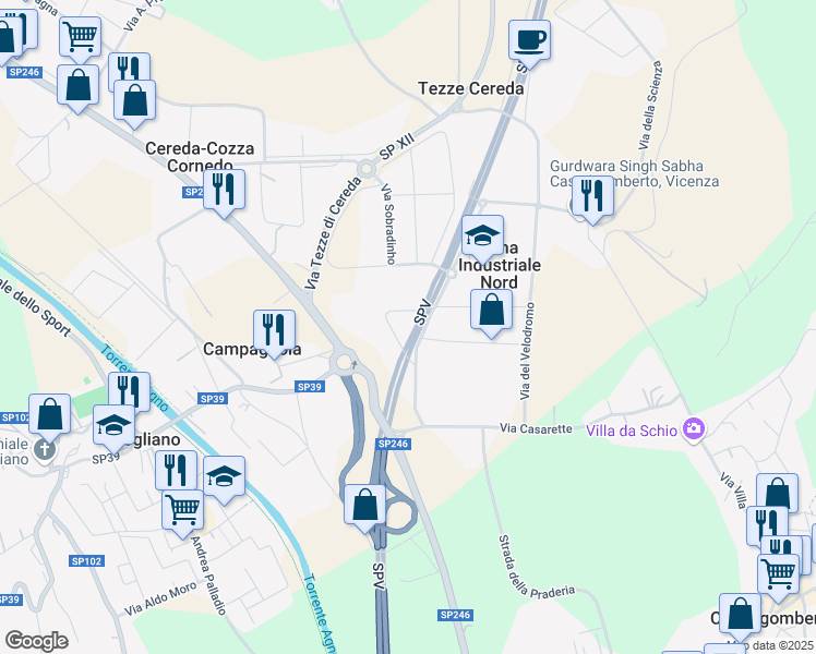 map of restaurants, bars, coffee shops, grocery stores, and more near 19 Via dell' Industria in Zona Industriale Nord