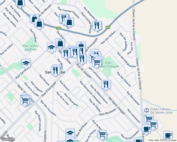 map of restaurants, bars, coffee shops, grocery stores, and more near 461 Boulevard Saint-Joseph in Sainte-Julie