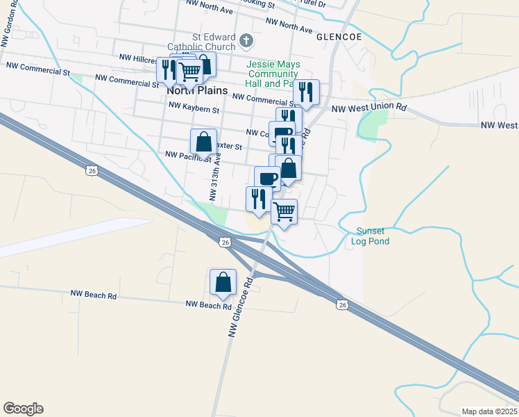 map of restaurants, bars, coffee shops, grocery stores, and more near 30945 Northwest Highland Court in North Plains