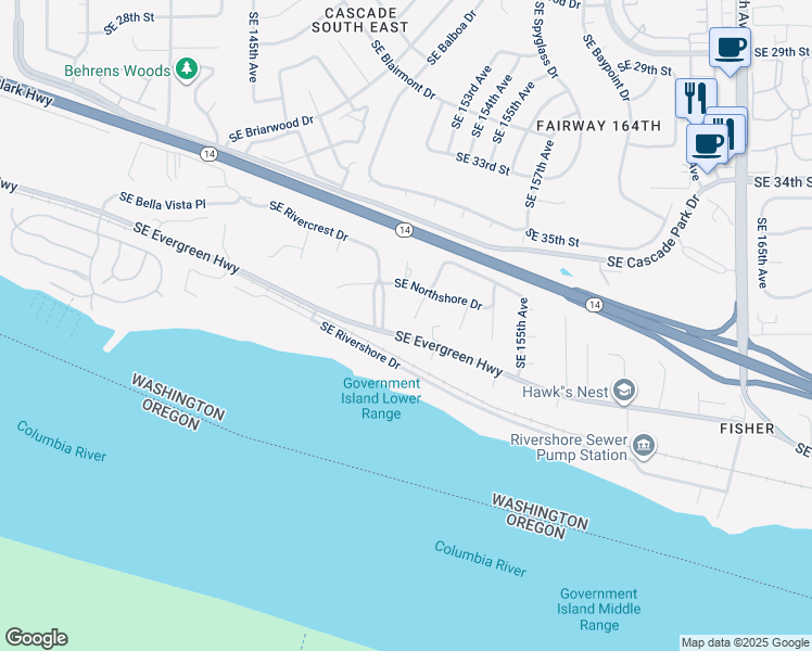 map of restaurants, bars, coffee shops, grocery stores, and more near 3814 Southeast 152nd Court in Vancouver