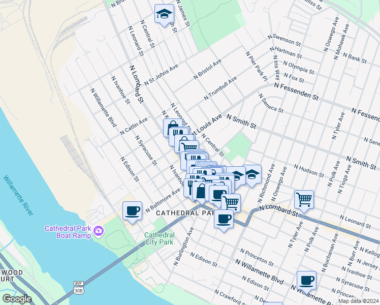 map of restaurants, bars, coffee shops, grocery stores, and more near 8935 North Kellogg Street in Portland