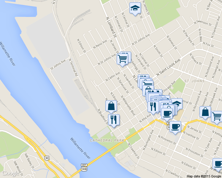 map of restaurants, bars, coffee shops, grocery stores, and more near 9315 North Edison Street in Portland
