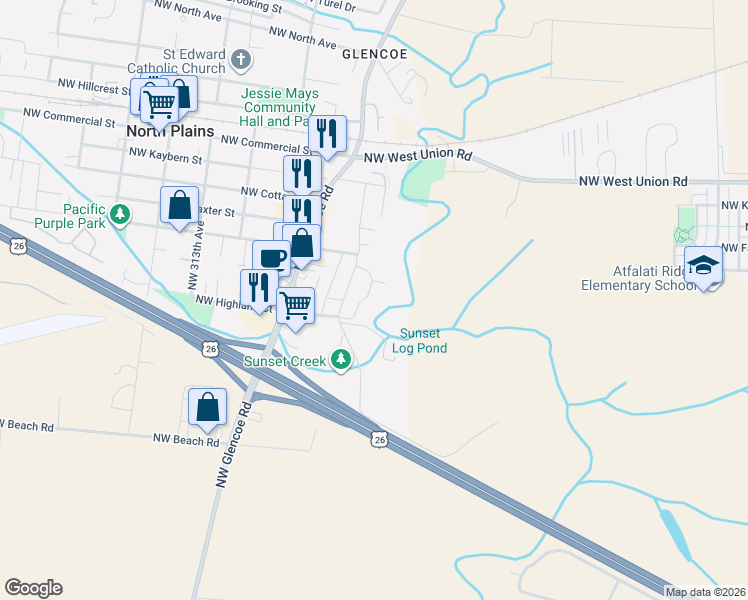 map of restaurants, bars, coffee shops, grocery stores, and more near 9960 Northwest Bartlett Loop in North Plains