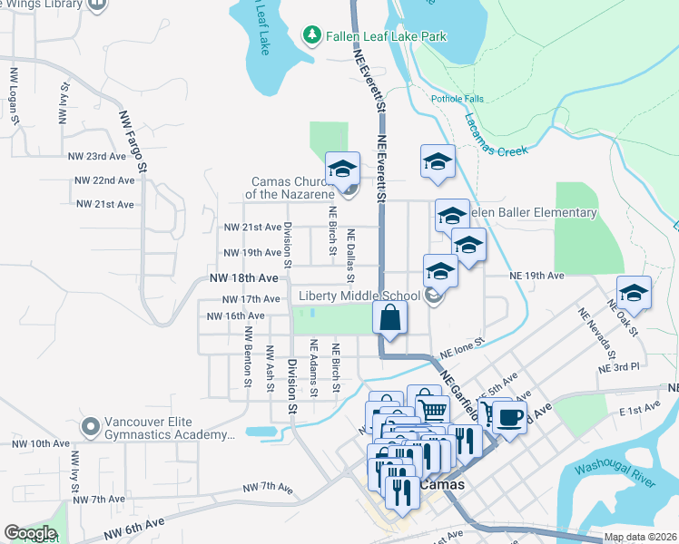map of restaurants, bars, coffee shops, grocery stores, and more near 1811 Northeast Dallas Street in Camas