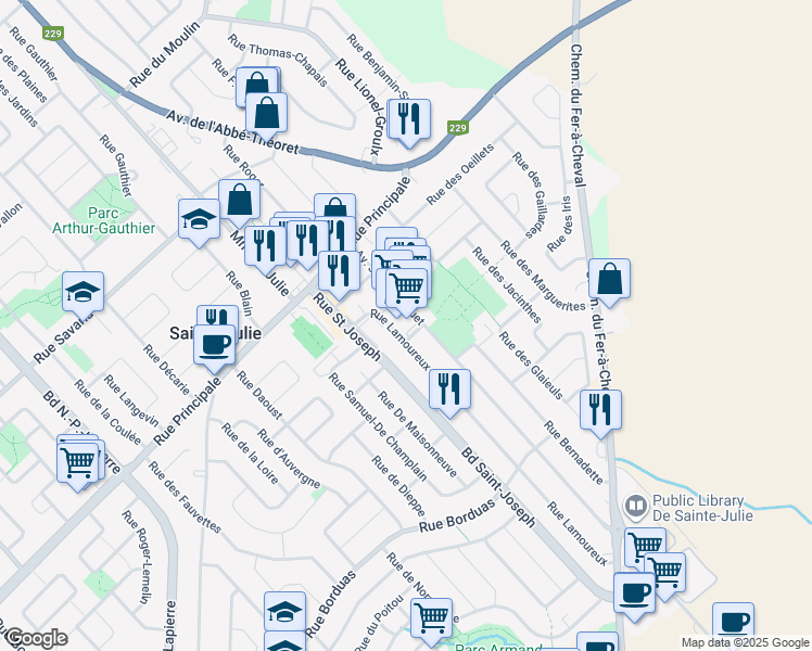 map of restaurants, bars, coffee shops, grocery stores, and more near 500 Avenue Jules-Choquet in Sainte-Julie
