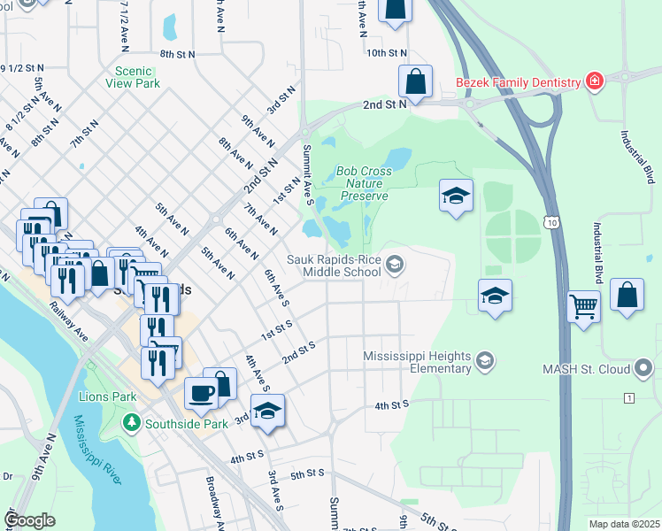 map of restaurants, bars, coffee shops, grocery stores, and more near 26 Summit Avenue South in Sauk Rapids