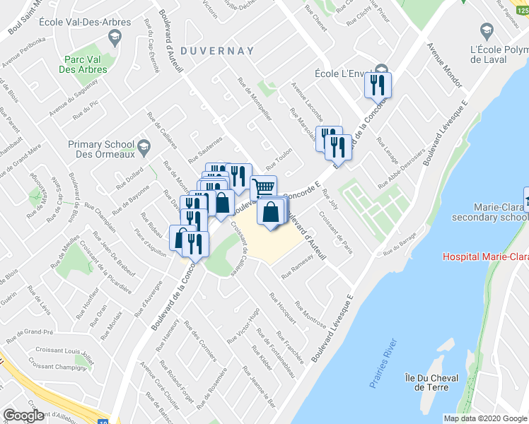 map of restaurants, bars, coffee shops, grocery stores, and more near 3200 Boulevard de la Concorde Est in Laval
