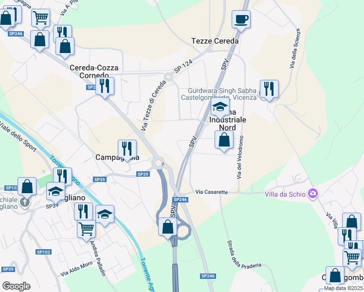 map of restaurants, bars, coffee shops, grocery stores, and more near 19 Via dell' Industria in Zona Industriale Nord