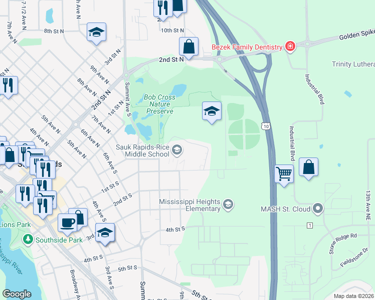 map of restaurants, bars, coffee shops, grocery stores, and more near 901 1st Street South in Sauk Rapids