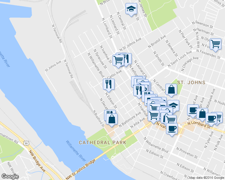 map of restaurants, bars, coffee shops, grocery stores, and more near 6998 N Trumbull Ave in Portland