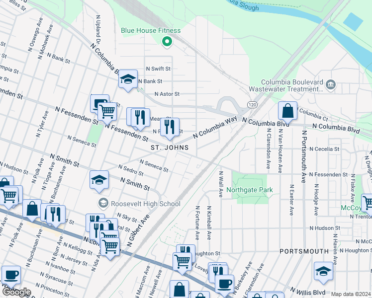 map of restaurants, bars, coffee shops, grocery stores, and more near 6669 North Fessenden Street in Portland