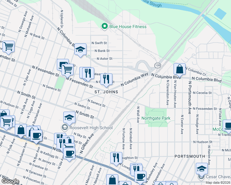 map of restaurants, bars, coffee shops, grocery stores, and more near 6669 North Fessenden Street in Portland
