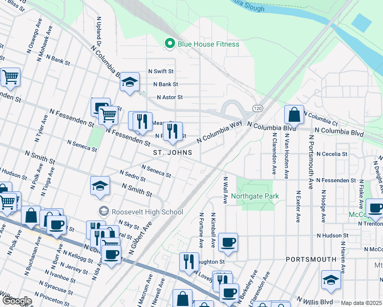 map of restaurants, bars, coffee shops, grocery stores, and more near 6724 North Fessenden Street in Portland
